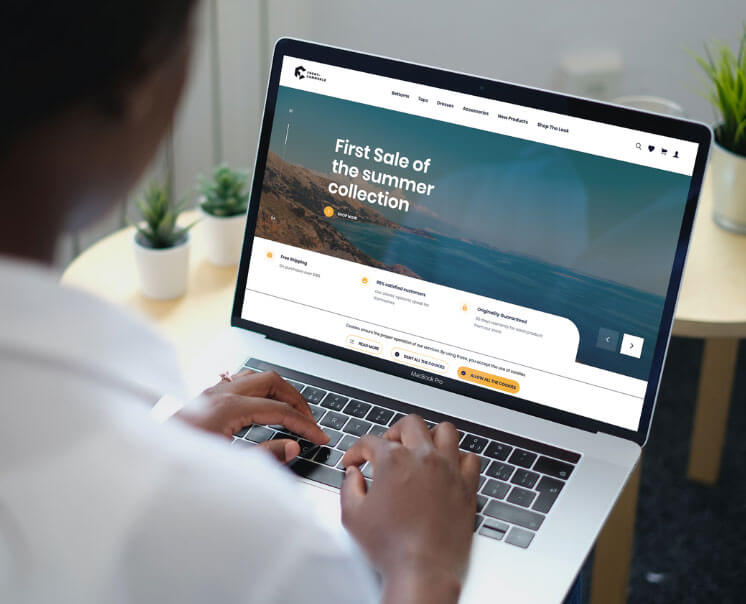 A Front-Commerce demo is now available. Take it for a test drive! Front-Commerce storefront demo on a laptop